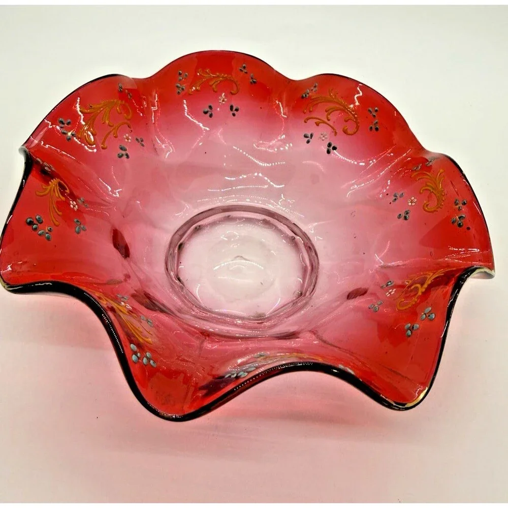 Vintage Murano Style Red Art Glass Bowl Hand Painted Gold Ruffled Rim Rare - Picture 1 of 11
